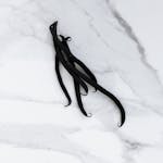 High-angle view of vanilla beans displayed on a white marble surface, exuding elegance.